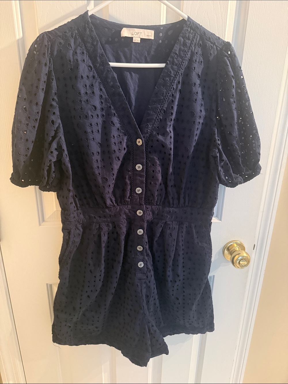 Loft Petites Navy Blue Eyelet Romper Button Front 12 P